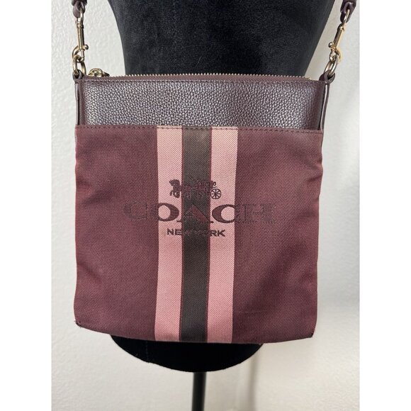 Coach Authentic Burgundy Stripe Canvas & Leather Crossbody Bag With Adjustable S - Picture 1 of 12